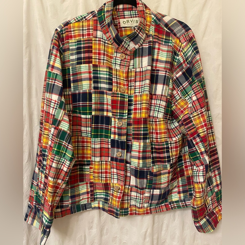 Women’s size large Orvis madras patchwork jacket lightly lined.